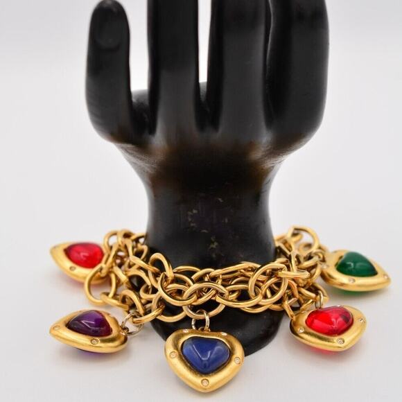 Givenchy Vintage Cabochon Bracelet Heart Charm Brushed Gold Signed 1980s BinAW - Picture 1 of 12